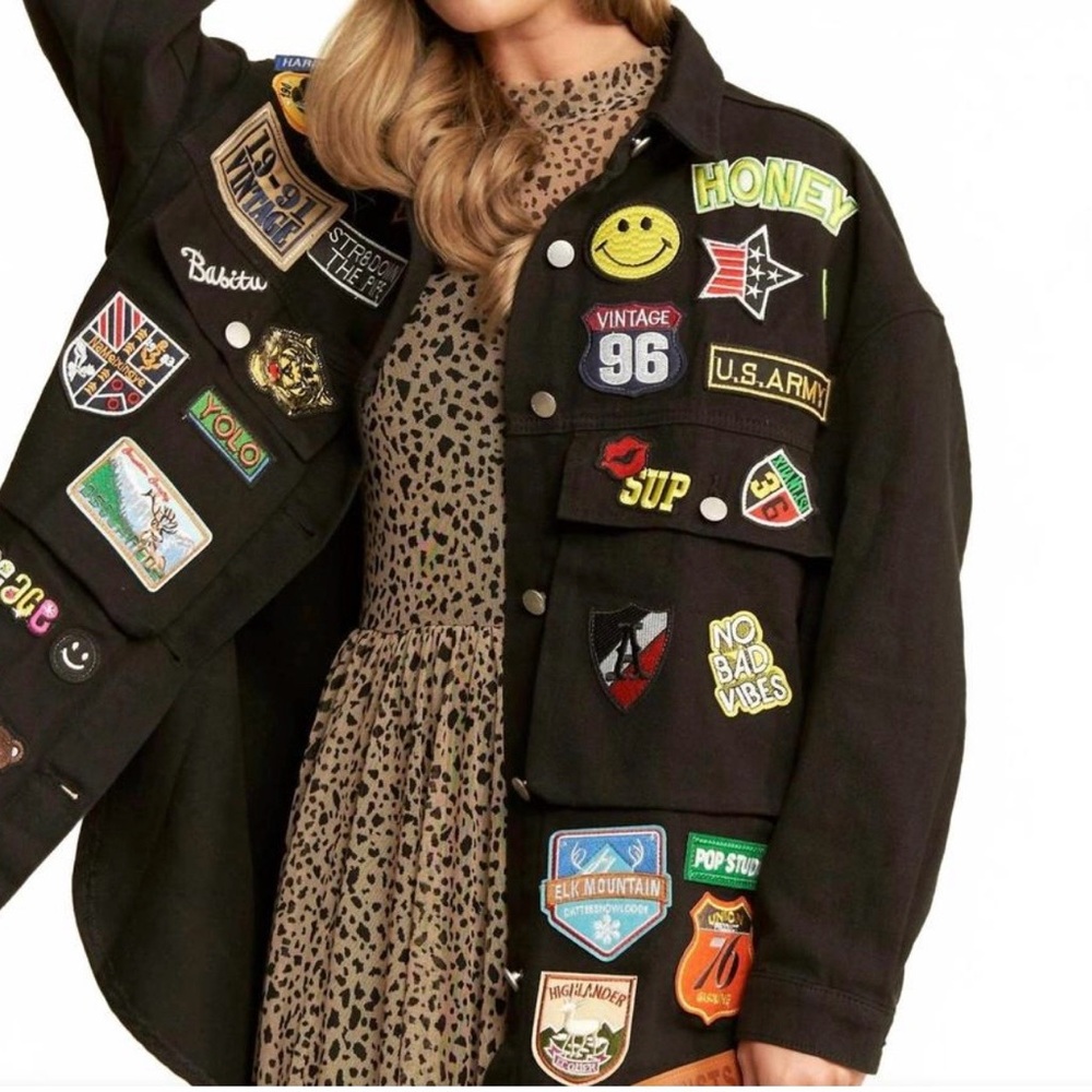 DAISY Black Denim Oversized Patch Jacket Shirt Maximalist Eclectic Streetwear - Picture 3 of 5